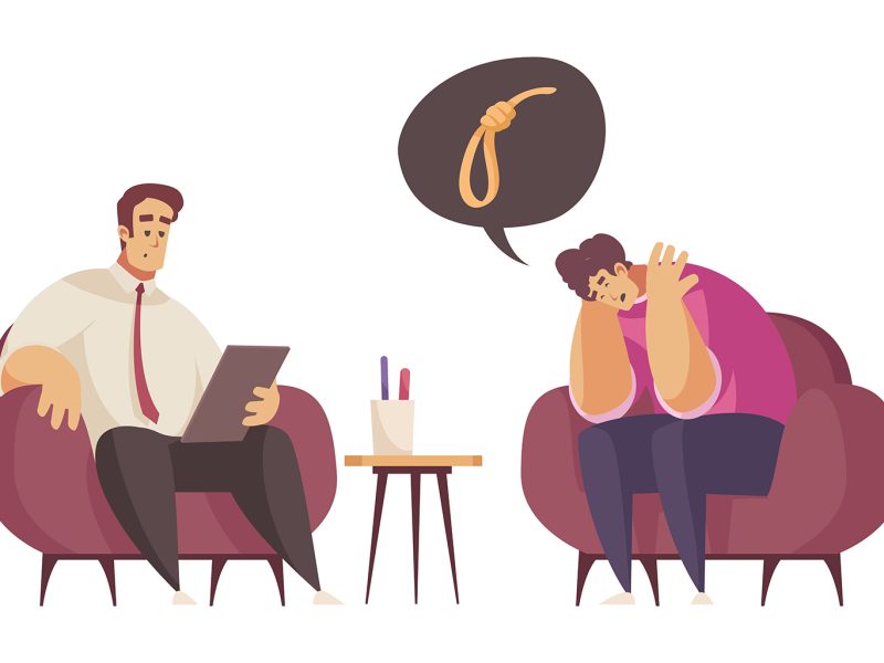 Psychological Therapy Illustration Man with mental problems thinking of suicide having psychological therapy session with male psychologist cartoon isolated vector illustration
